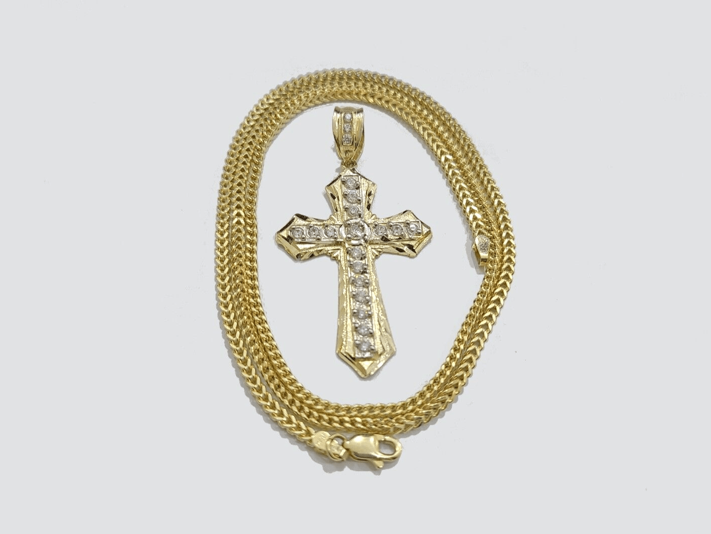 Real 10k Yellow Gold Franco Chain 2.5mm 22" inch Necklace Jesus Cross Charm 10kt - GoldenlinQ