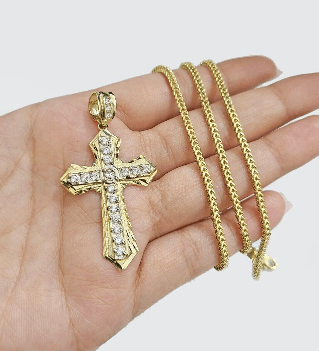 Real 10k Yellow Gold Franco Chain 2.5mm 24" inch Necklace Jesus Cross Charm 10kt - GoldenlinQ