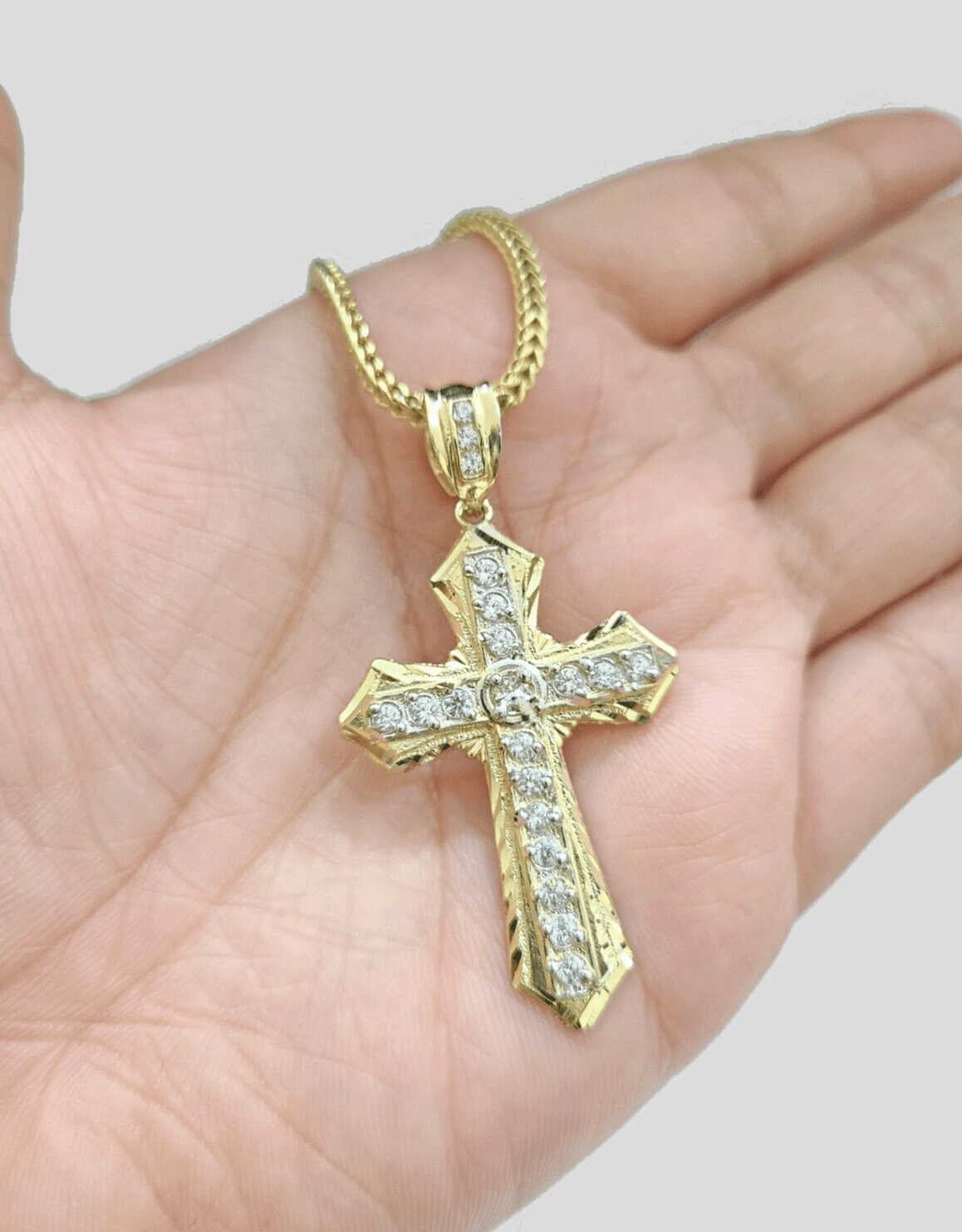 Real 10k Yellow Gold Franco Chain 2.5mm 24" inch Necklace Jesus Cross Charm 10kt - GoldenlinQ