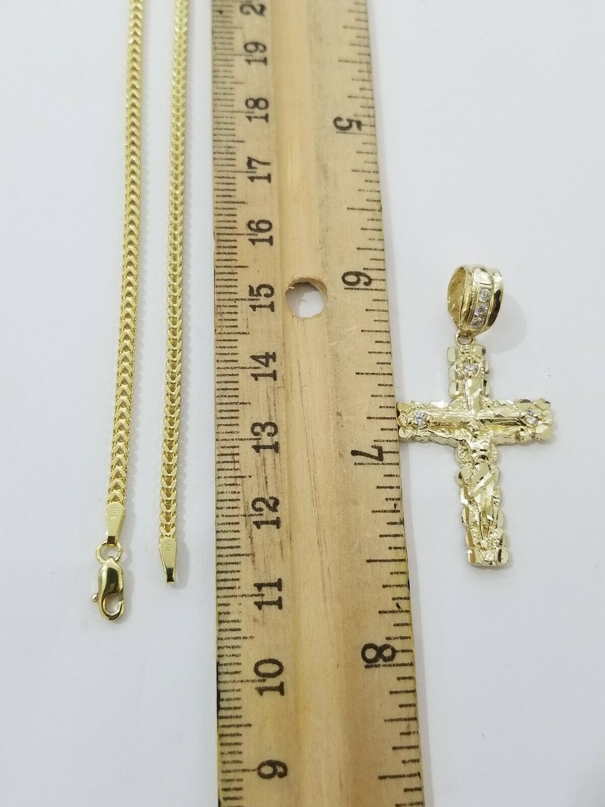 REAL 10k Yellow Gold Franco Chain & Cross Charm Pendant Set 16" - 26" 2mm Necklace - GoldenlinQ