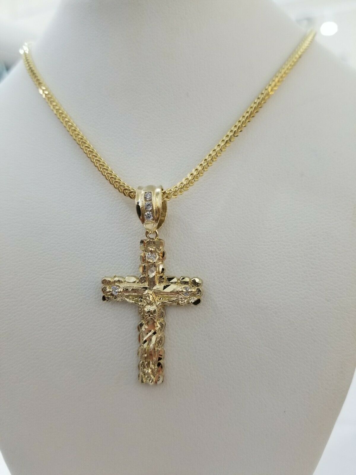 REAL 10k Yellow Gold Franco Chain & Cross Charm Pendant Set 16" - 26" 2mm Necklace - GoldenlinQ