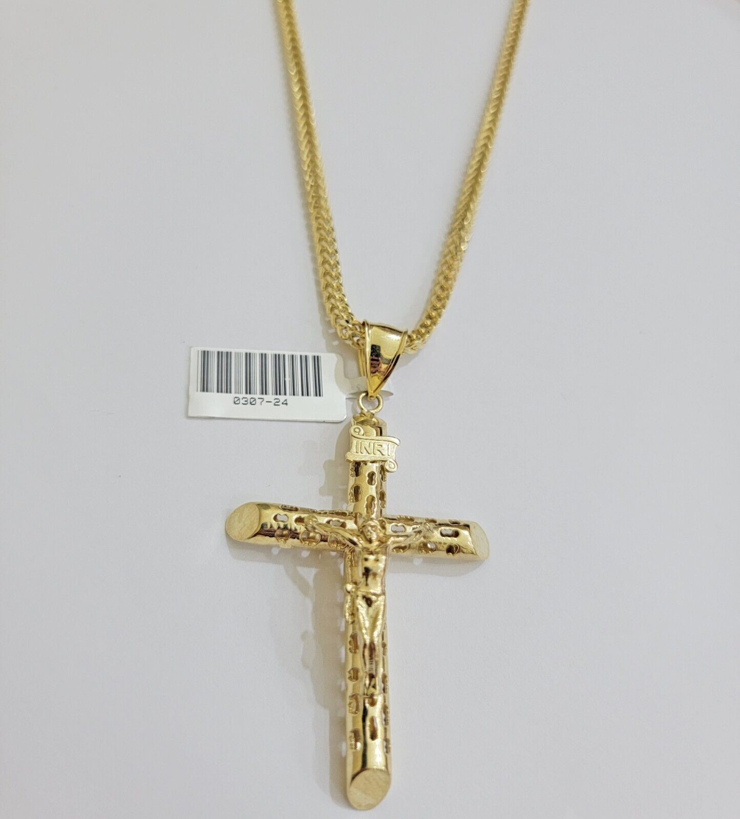 REAL 10k Yellow Gold Franco Necklace Cross Pendant Chain 24 Inch &Jesus Crucifix - GoldenlinQ
