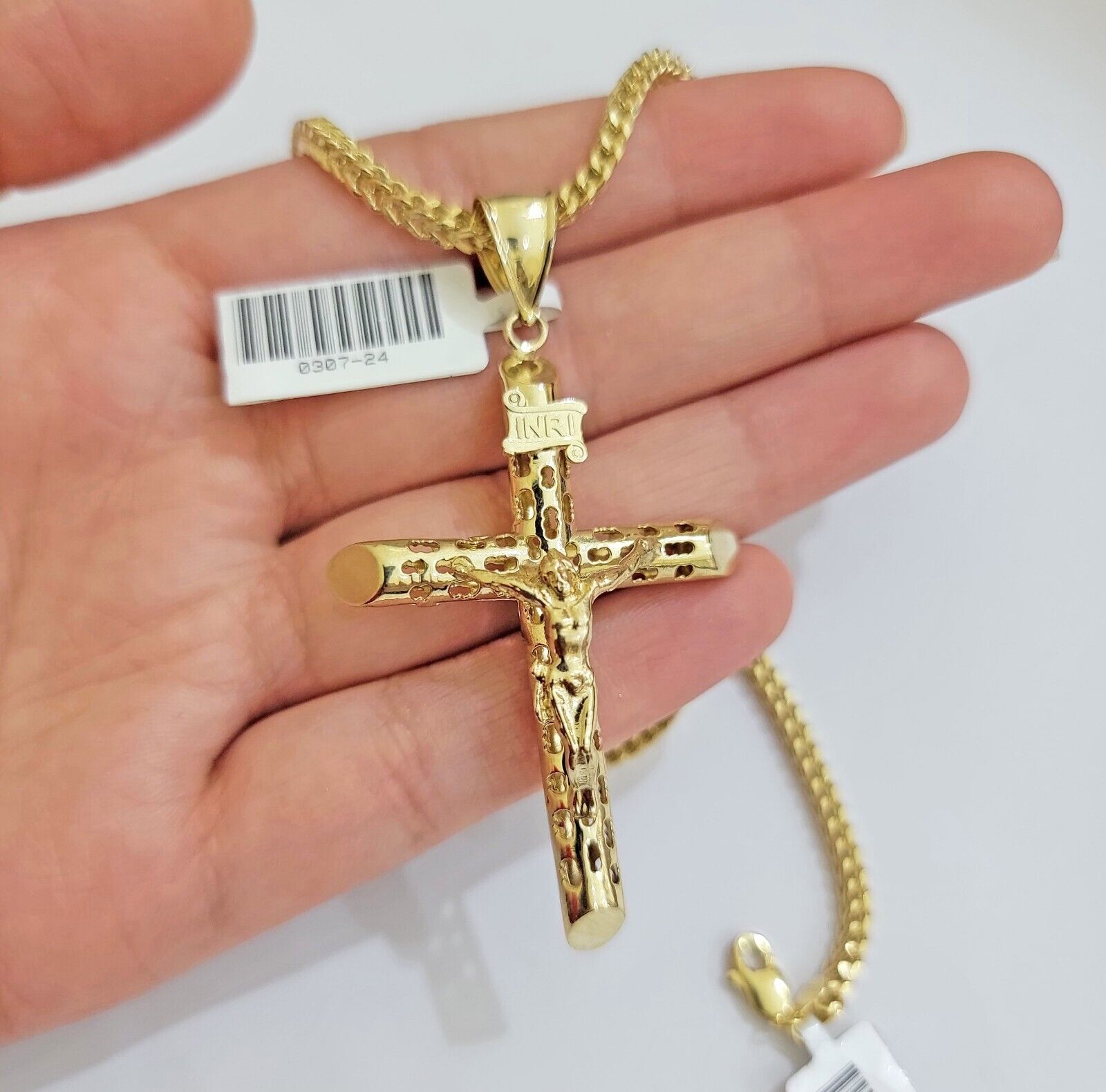 REAL 10k Yellow Gold Franco Necklace Cross Pendant Chain 24 Inch &Jesus Crucifix - GoldenlinQ