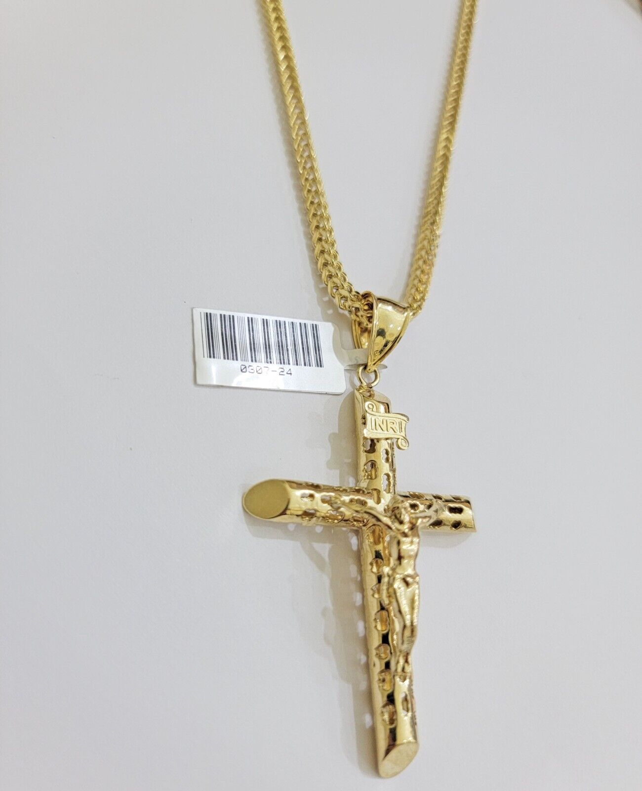 REAL 10k Yellow Gold Franco Necklace Cross Pendant Chain 24 Inch &Jesus Crucifix - GoldenlinQ