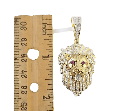 Real 10K Yellow Gold Genuine Diamond Lion Head Pendant Pink Eye Lion Charm - GoldenlinQ