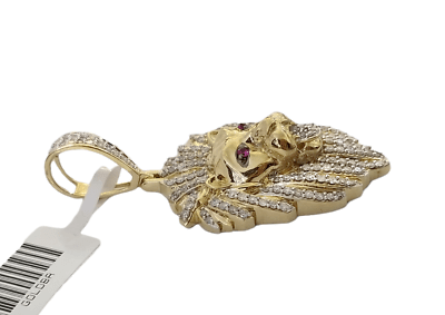 Real 10K Yellow Gold Genuine Diamond Lion Head Pendant Pink Eye Lion Charm - GoldenlinQ
