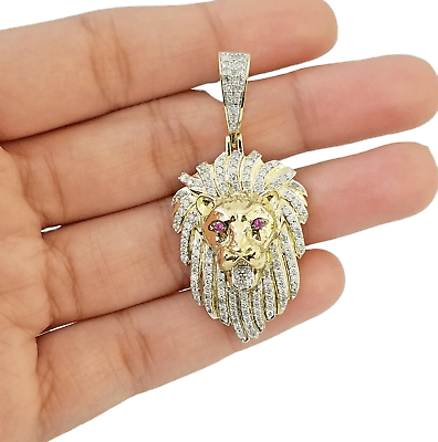 Real 10K Yellow Gold Genuine Diamond Lion Head Pendant Pink Eye Lion Charm - GoldenlinQ