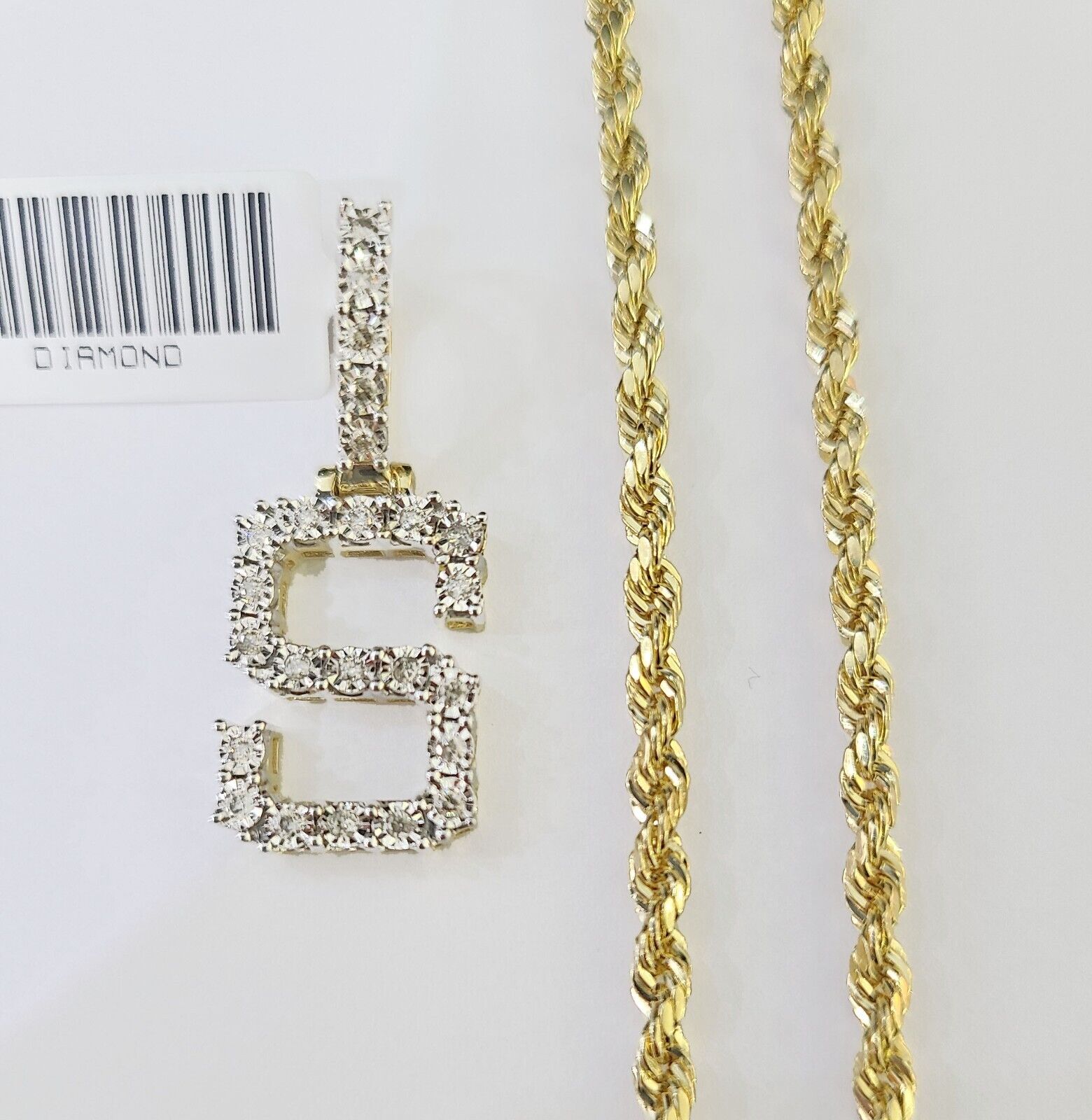 Real 10k Yellow Gold Genuine Diamond "S" Initial Pendent with 22 Inch Rope Chain - GoldenlinQ