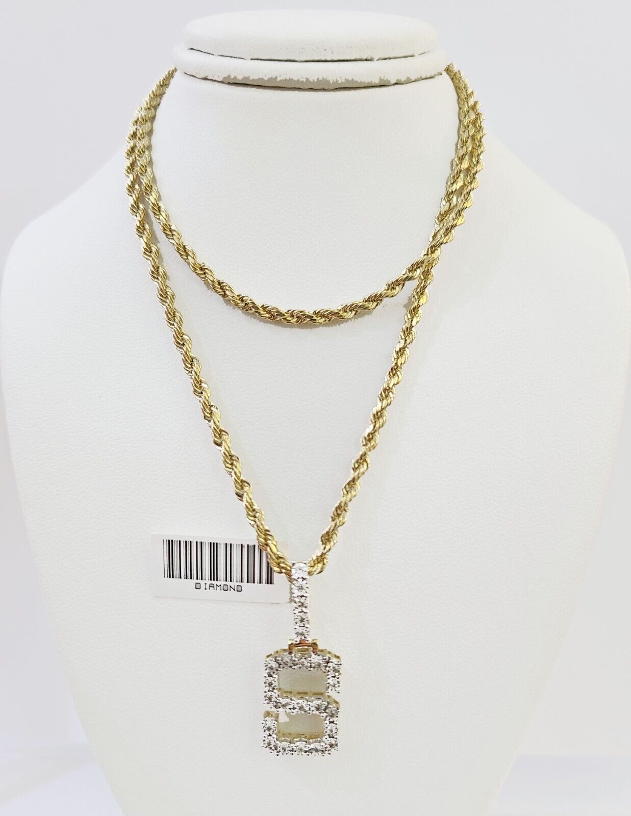Real 10k Yellow Gold Genuine Diamond "S" Initial Pendent with 22 Inch Rope Chain - GoldenlinQ