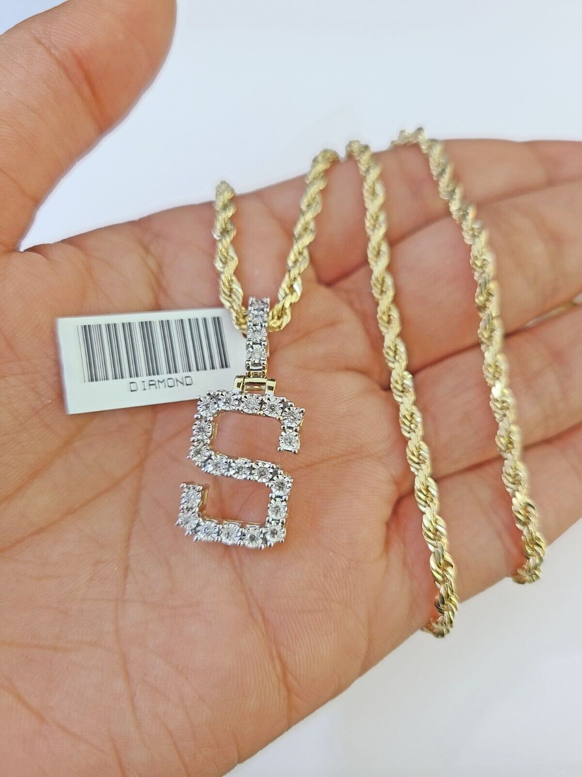 Real 10k Yellow Gold Genuine Diamond "S" Initial Pendent with 22 Inch Rope Chain - GoldenlinQ