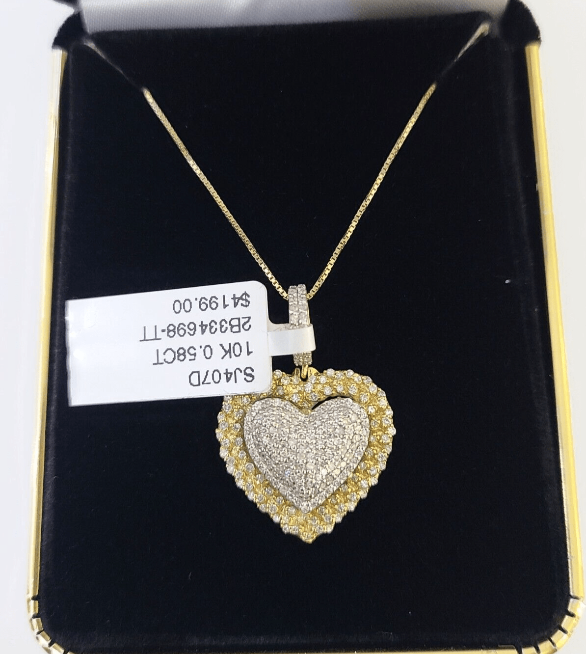 Real 10k Yellow Gold Heart Diamond Pendant Box Chain Necklace Set Women - GoldenlinQ