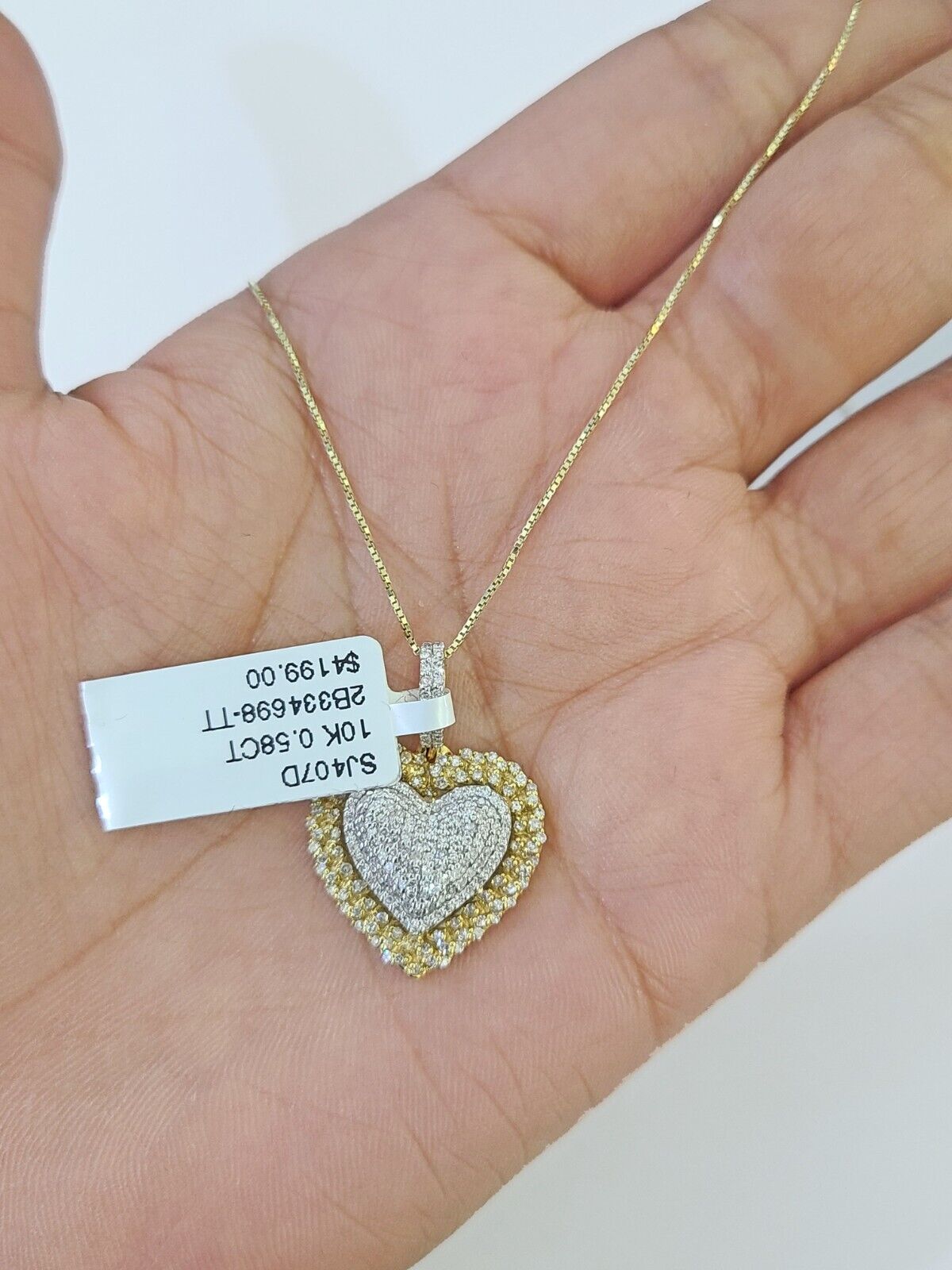 Real 10k Yellow Gold Heart Diamond Pendant Box Chain Necklace Set Women - GoldenlinQ