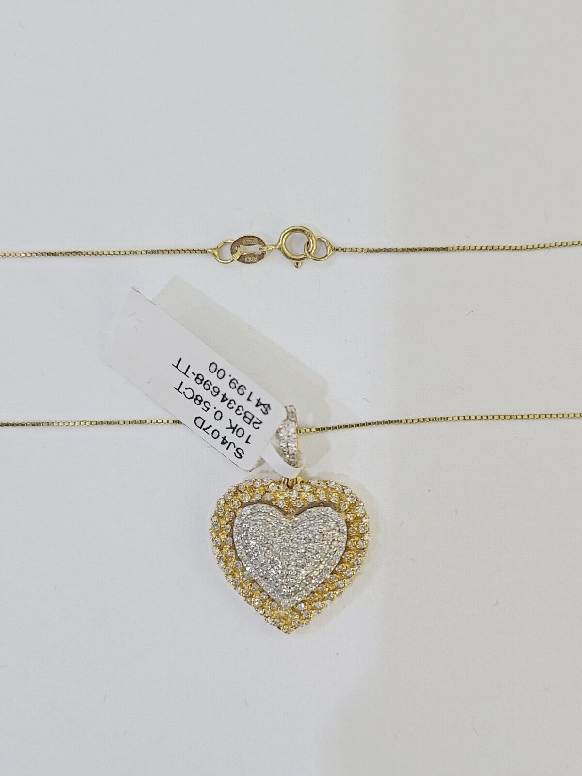 Real 10k Yellow Gold Heart Diamond Pendant Box Chain Necklace Set Women - GoldenlinQ