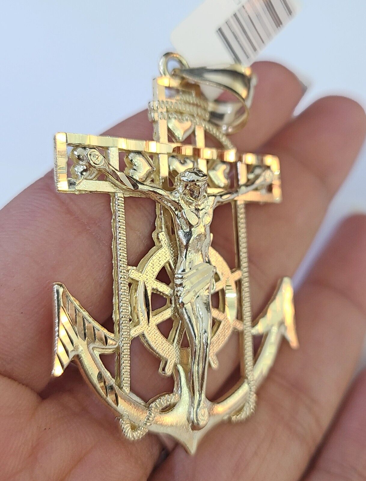 Real 10k Yellow Gold Jesus Anchor Pendant 2.5 inches Charm - GoldenlinQ