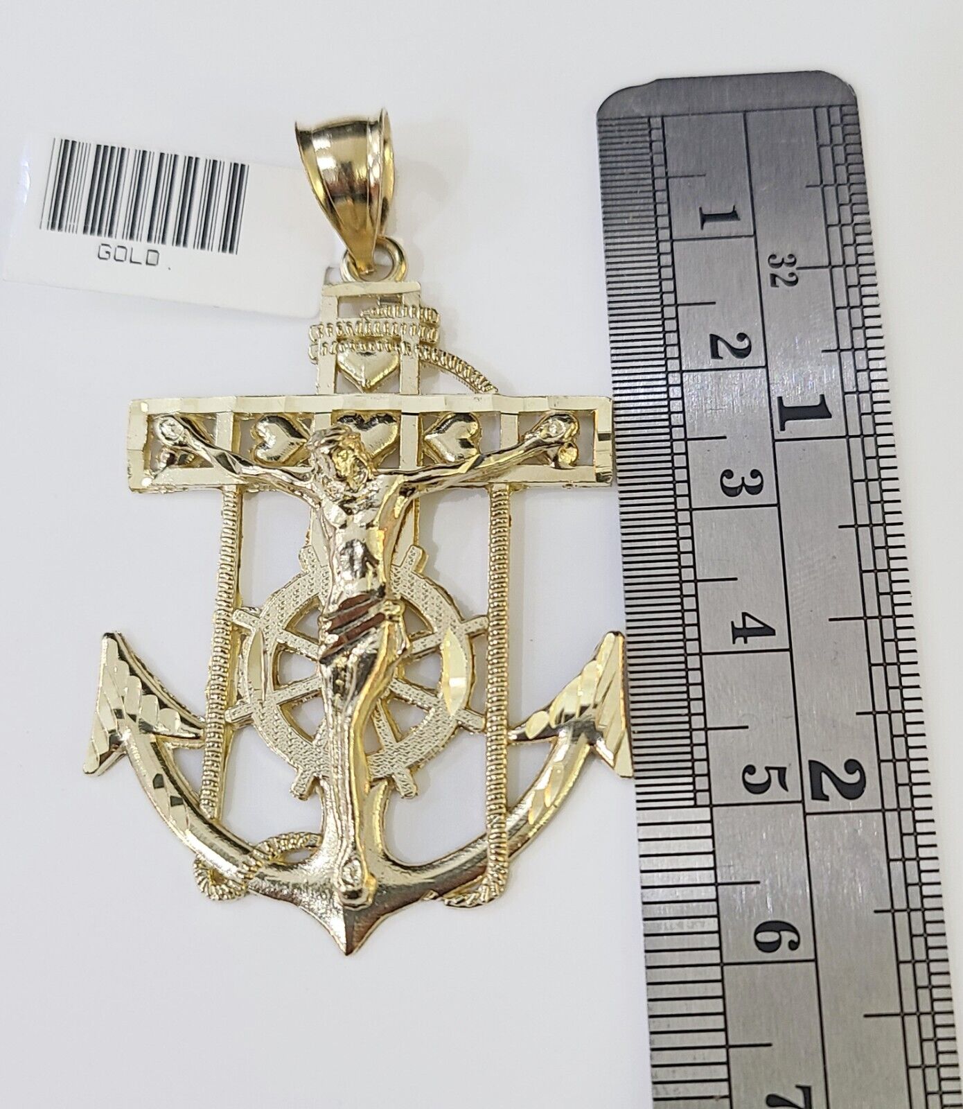 Real 10k Yellow Gold Jesus Anchor Pendant 2.5 inches Charm - GoldenlinQ