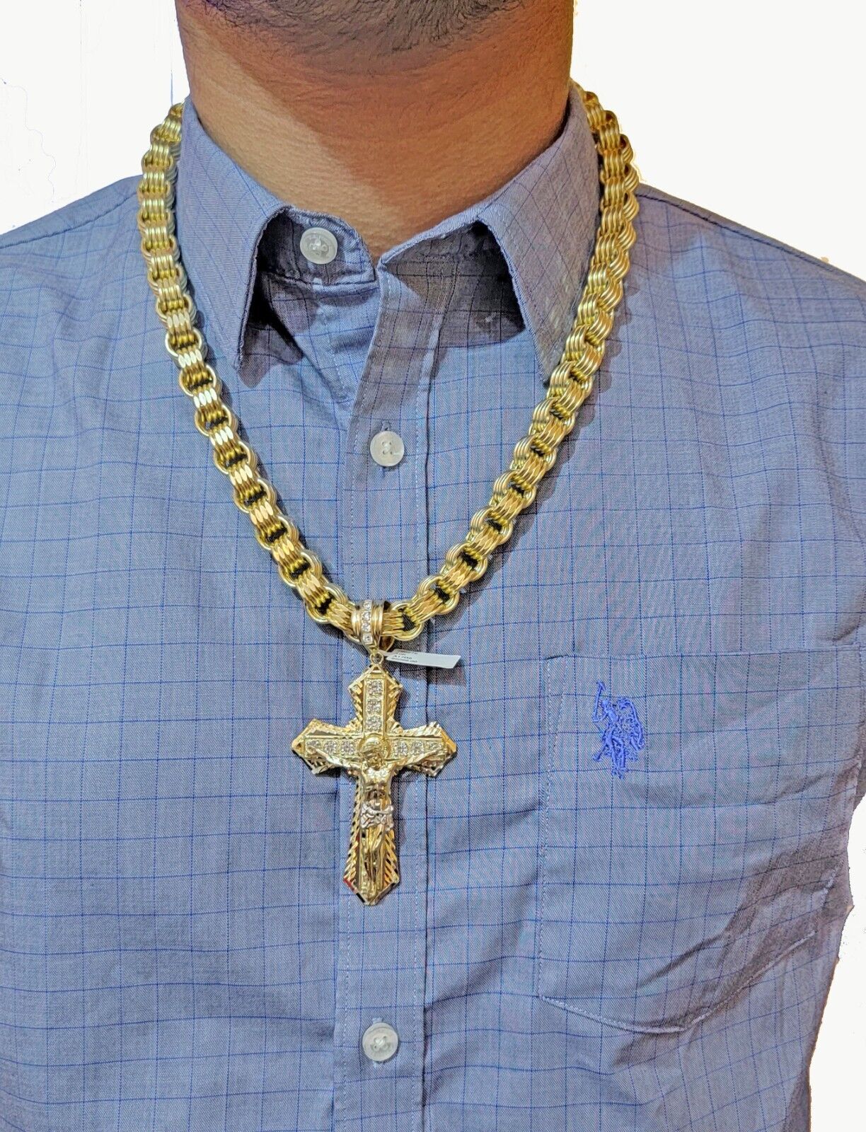 Real 10k Yellow Gold Jesus Cross Charm Men's pendant 3.75" With cubic Zirconia - GoldenlinQ