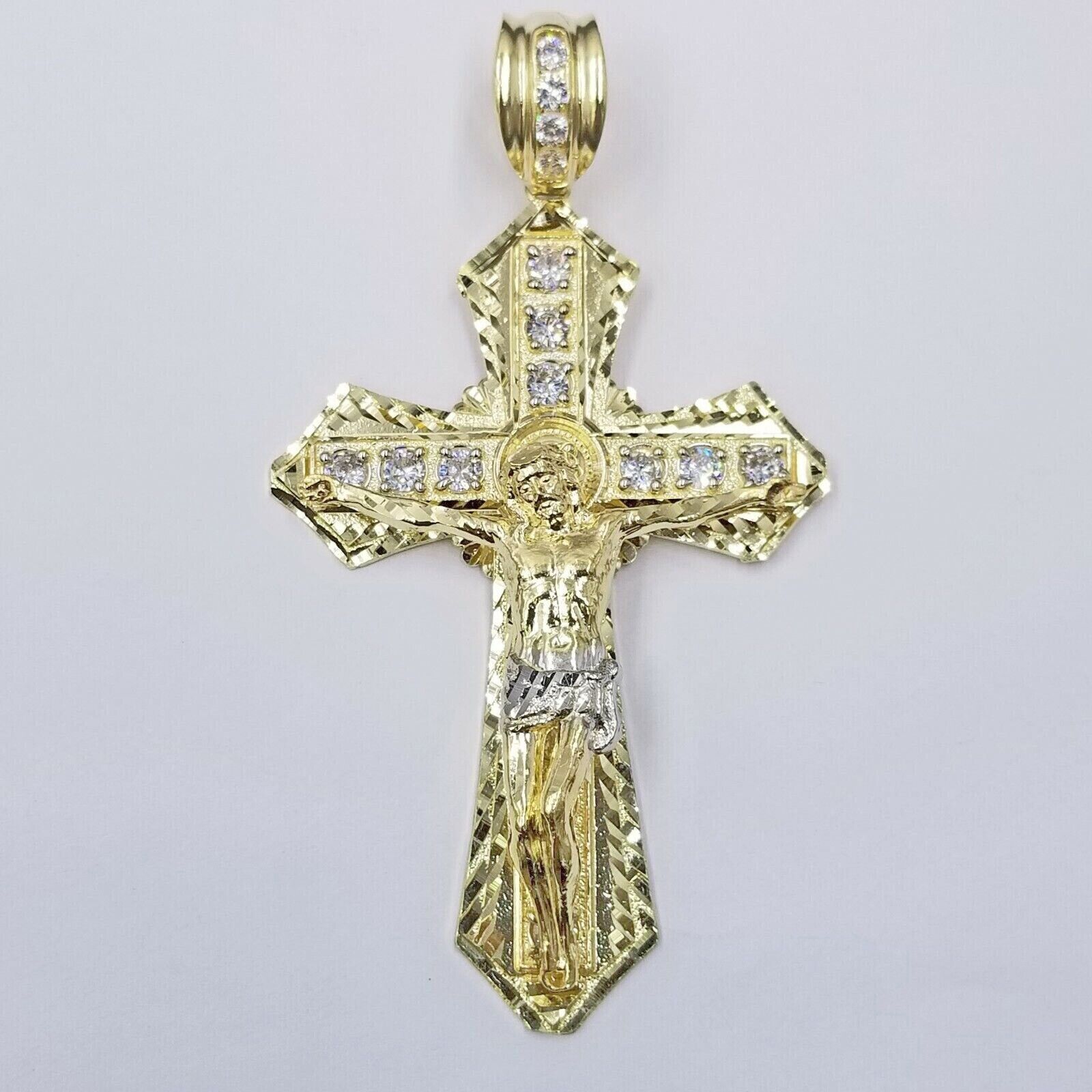 Real 10k Yellow Gold Jesus Cross Charm Men's pendant 3.75" With cubic Zirconia - GoldenlinQ