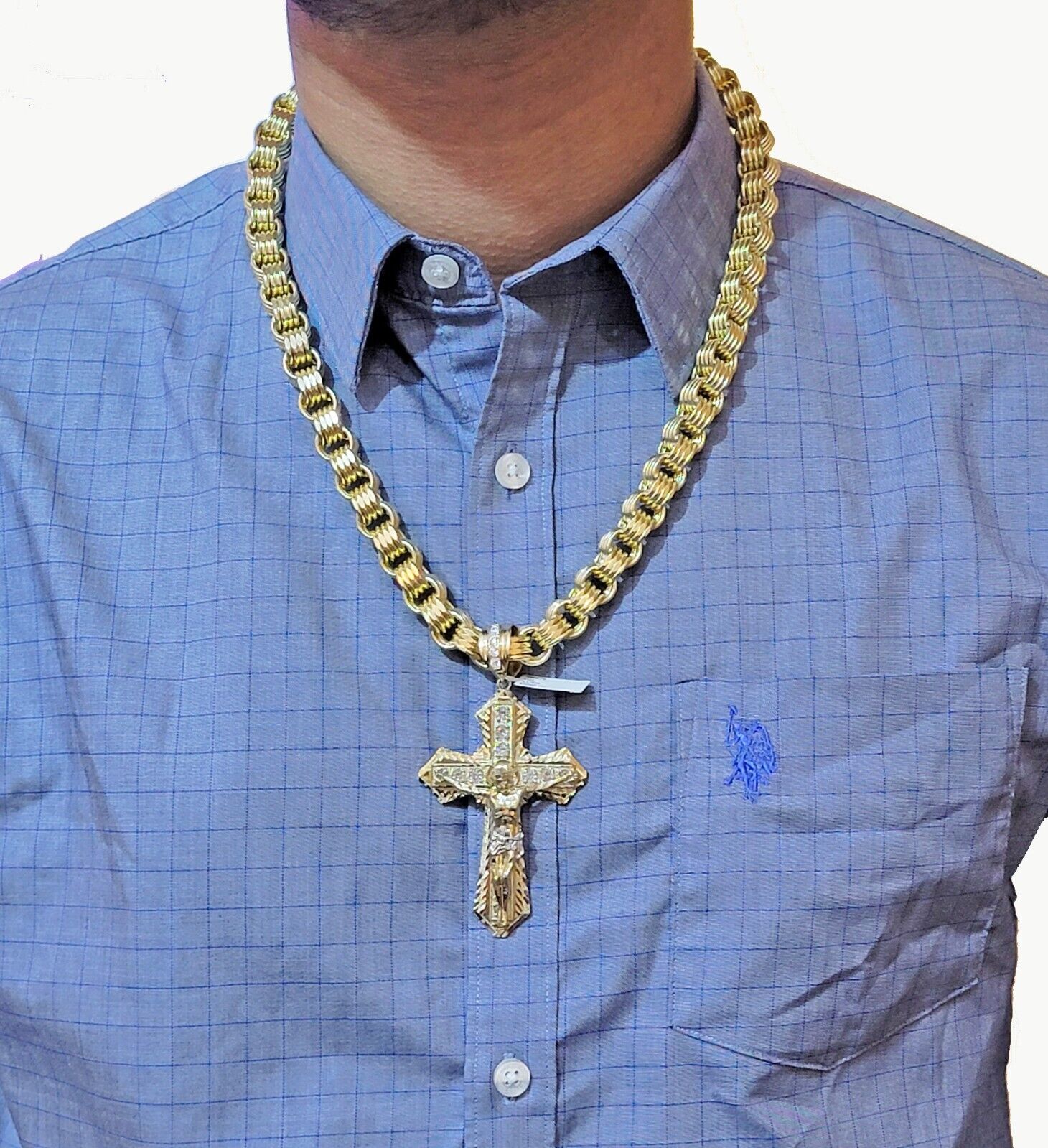 Real 10k Yellow Gold Jesus Cross Charm Men's pendant 3.75" With cubic Zirconia - GoldenlinQ