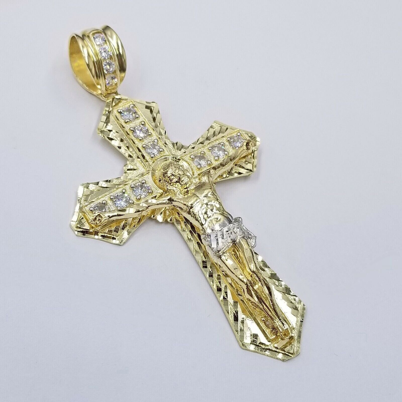 Real 10k Yellow Gold Jesus Cross Charm Men's pendant 3.75" With cubic Zirconia - GoldenlinQ