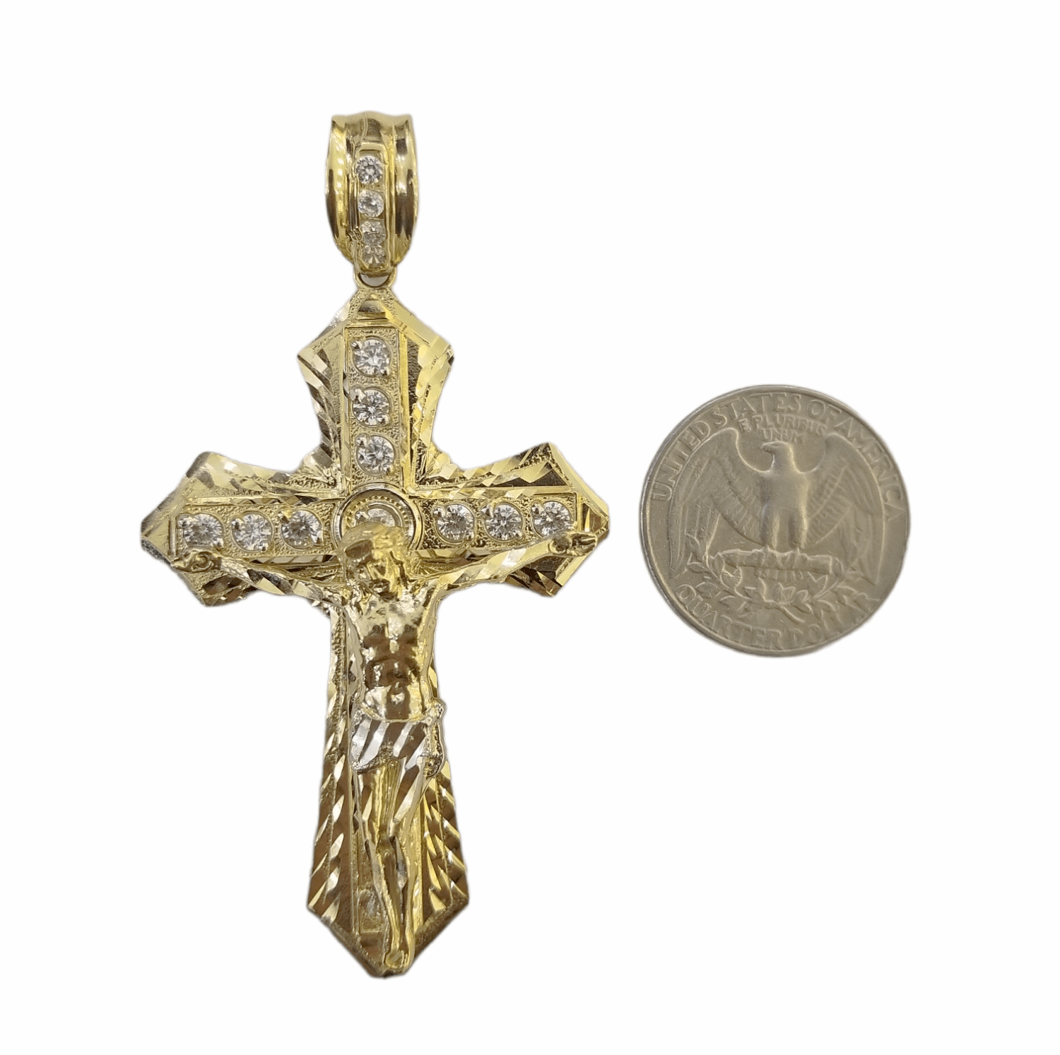 Real 10k Yellow Gold Jesus Cross Charm Men's pendant 3.75" With cubic Zirconia - GoldenlinQ