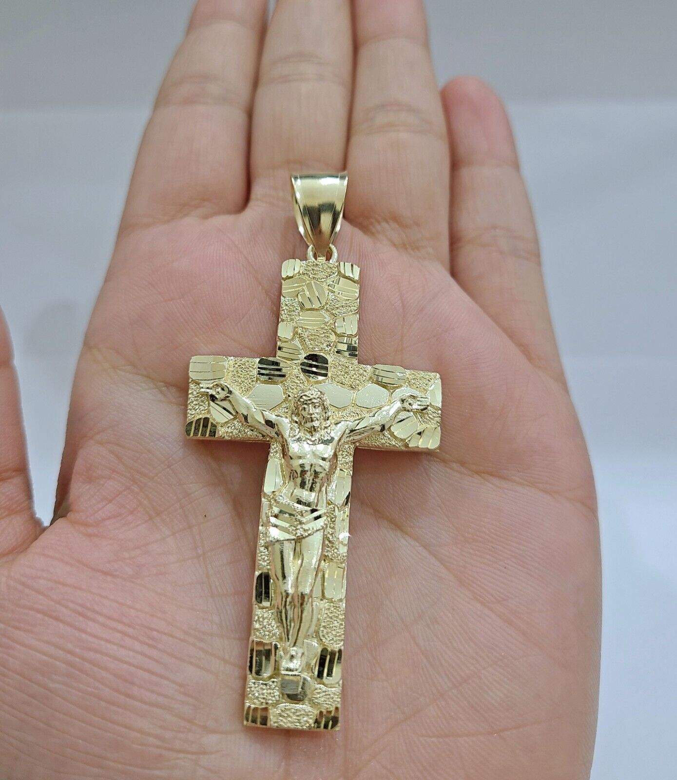 Real 10k Yellow Gold Jesus Cross Charm Pendant 2.5'' inches - GoldenlinQ