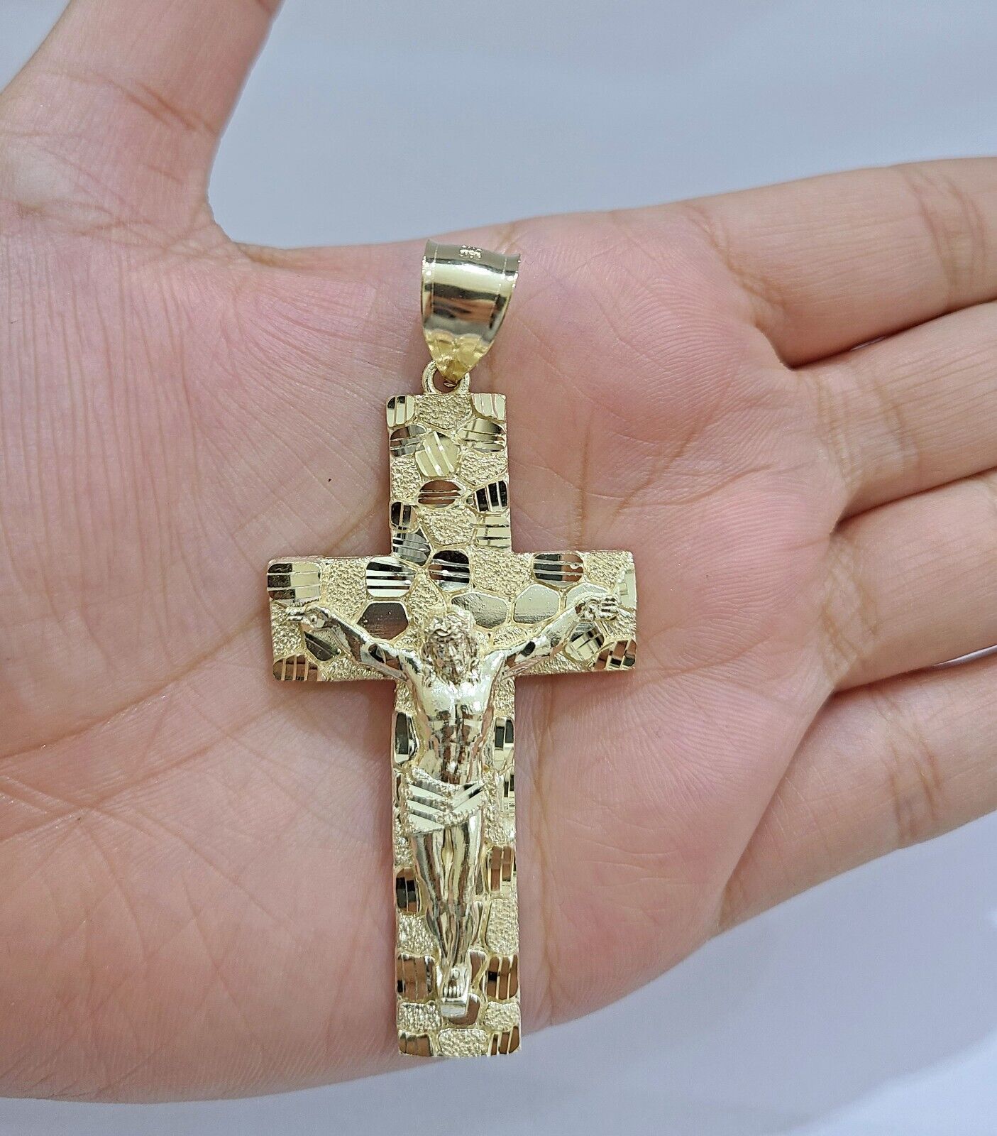 Real 10k Yellow Gold Jesus Cross Charm Pendant 2.5'' inches - GoldenlinQ
