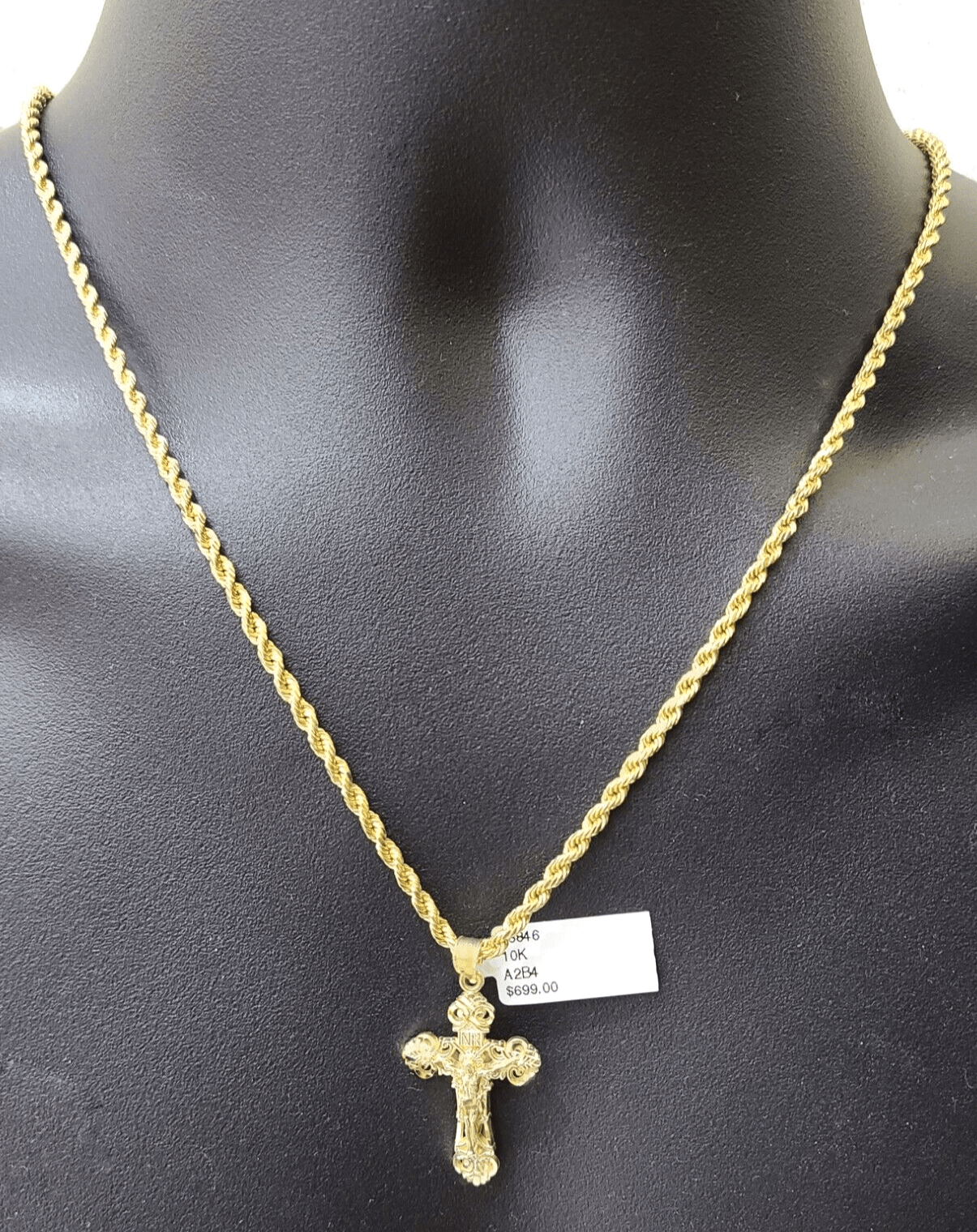 Real 10k Yellow Gold Jesus Cross Charm Rope Chain Necklace 3mm 18'' Pendant 10kt - GoldenlinQ