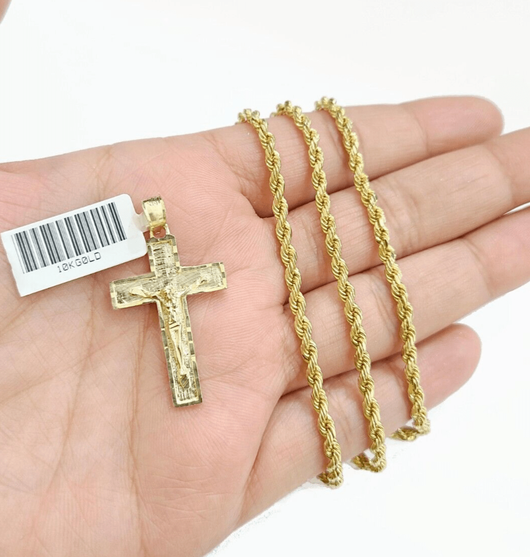 Real 10k Yellow Gold Jesus Cross Charm Rope Chain Necklace 3mm 18'' Pendant 10kt - GoldenlinQ