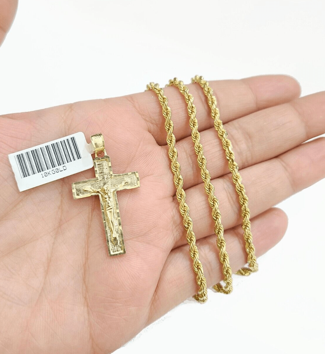 Real 10k Yellow Gold Jesus Cross Charm Rope Chain Necklace 3mm 20'' Pendant 10kt - GoldenlinQ