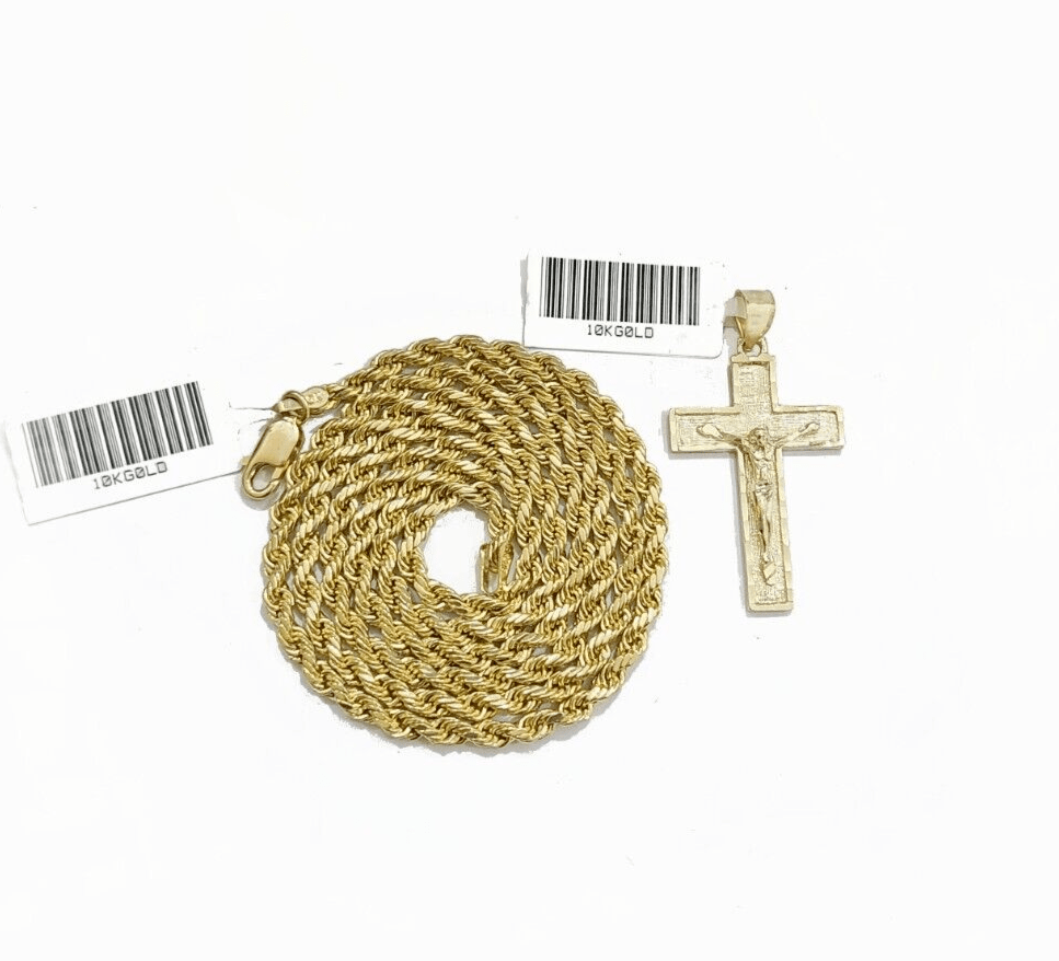 Real 10k Yellow Gold Jesus Cross Charm Rope Chain Necklace 3mm 20'' Pendant 10kt - GoldenlinQ