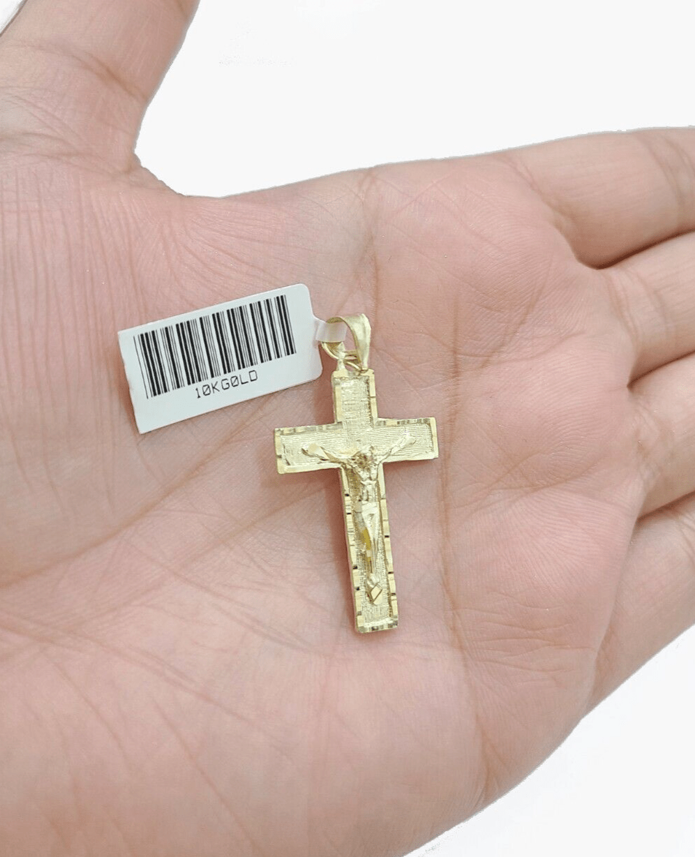Real 10k Yellow Gold Jesus Cross Charm Rope Chain Necklace 3mm 22'' Pendant 10kt - GoldenlinQ