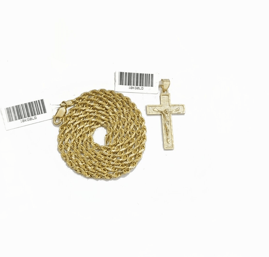 Real 10k Yellow Gold Jesus Cross Charm Rope Chain Necklace 3mm 24'' Pendant 10kt - GoldenlinQ