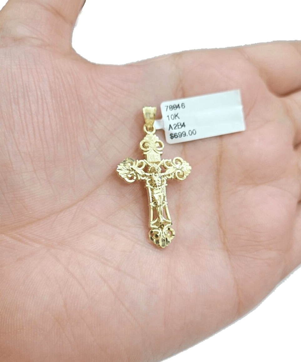 Real 10k Yellow Gold Jesus Cross Charm Rope Chain Necklace 3mm 24'' Pendant 10kt - GoldenlinQ