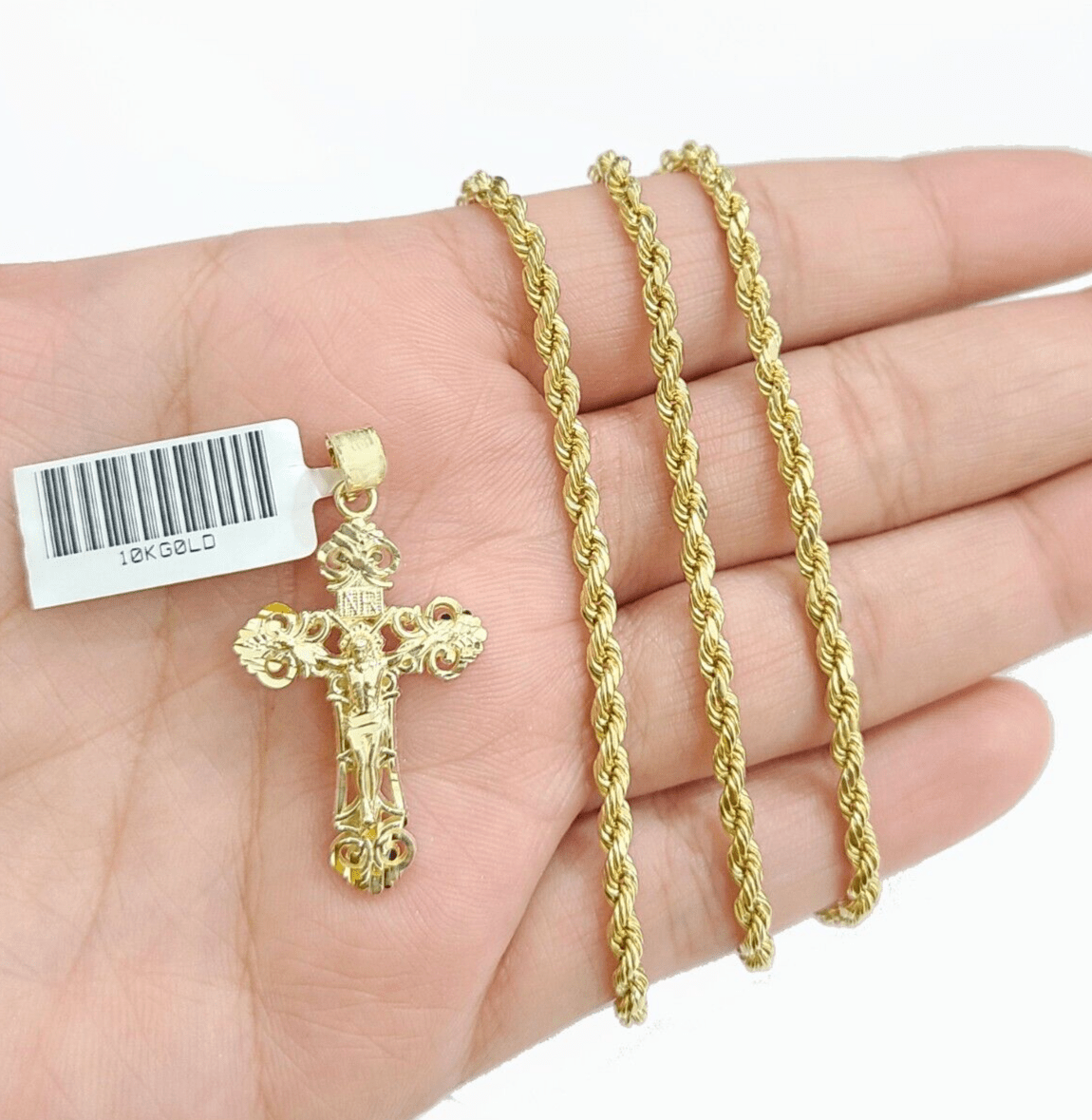 Real 10k Yellow Gold Jesus Cross Charm Rope Chain Necklace 3mm 26'' Pendant 10kt - GoldenlinQ