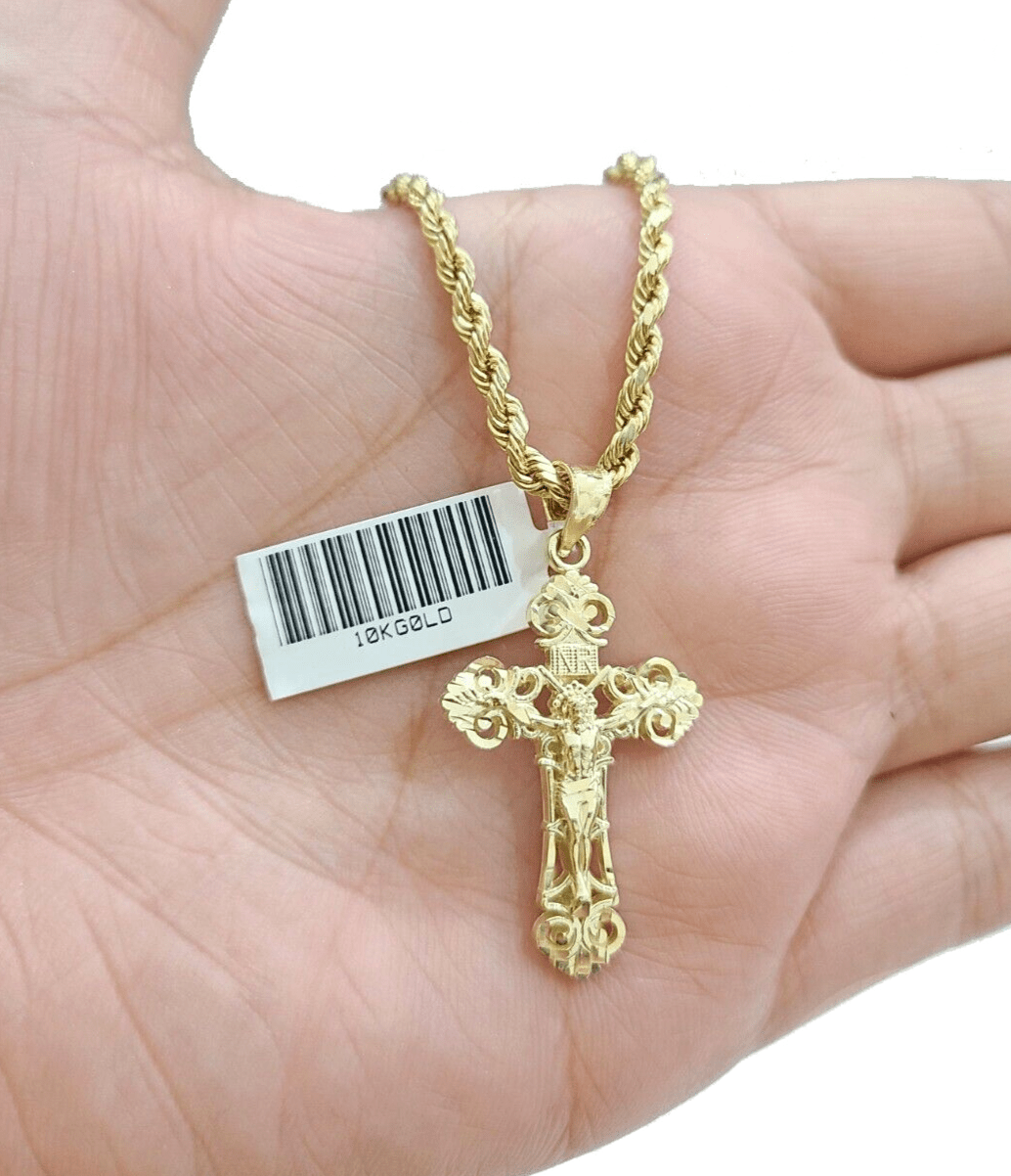 Real 10k Yellow Gold Jesus Cross Charm Rope Chain Necklace 3mm 28'' Pendant 10kt - GoldenlinQ