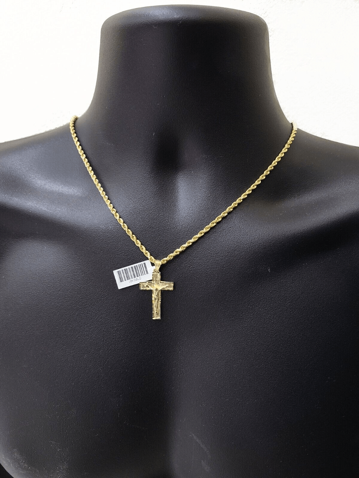 Real 10k Yellow Gold Jesus Cross Charm Rope Chain Necklace 3mm 28'' Pendant 10kt - GoldenlinQ