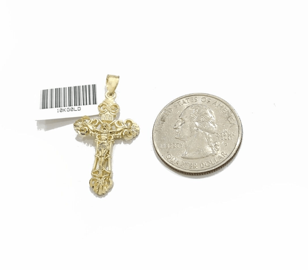 Real 10k Yellow Gold Jesus Cross Charm Rope Chain Necklace 3mm 28'' Pendant 10kt - GoldenlinQ