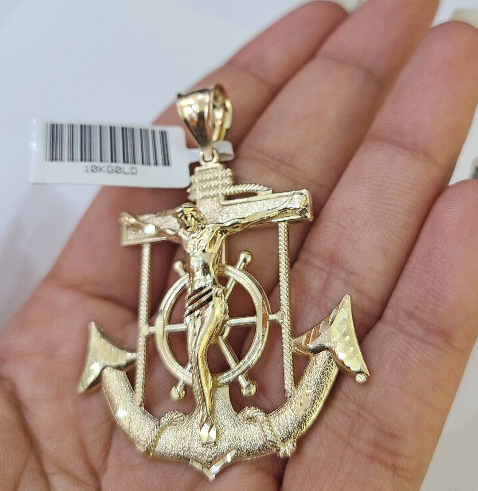 Real 10k Yellow Gold Jesus Crucifix Anchor Pendant 2.5 inches Charm - GoldenlinQ