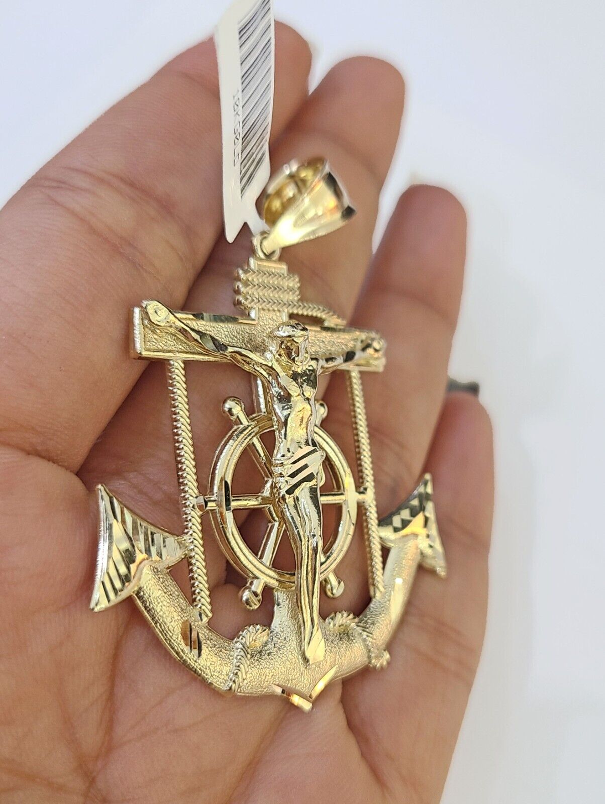 Real 10k Yellow Gold Jesus Crucifix Anchor Pendant 2.5 inches Charm - GoldenlinQ
