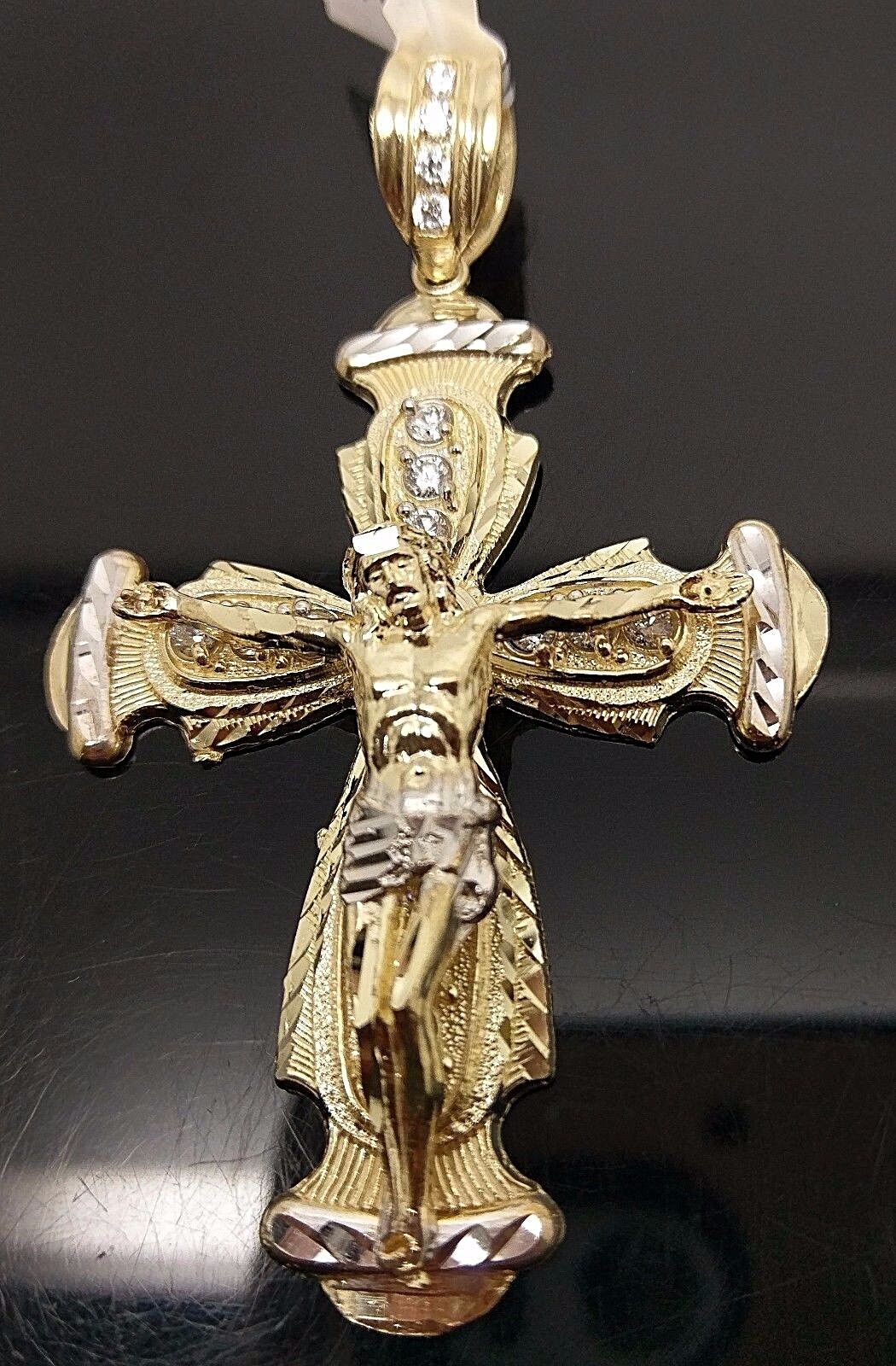 Real 10k Yellow Gold Jesus Crucifix Cross Charm Diamond Cut Pendant - GoldenlinQ