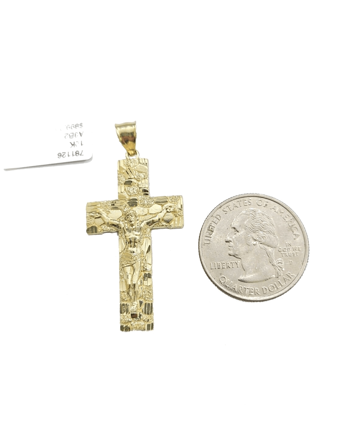 Real 10k Yellow Gold Jesus Crucifix Nugget Cross Charm Pendant 1.8'' inches 10kt - GoldenlinQ