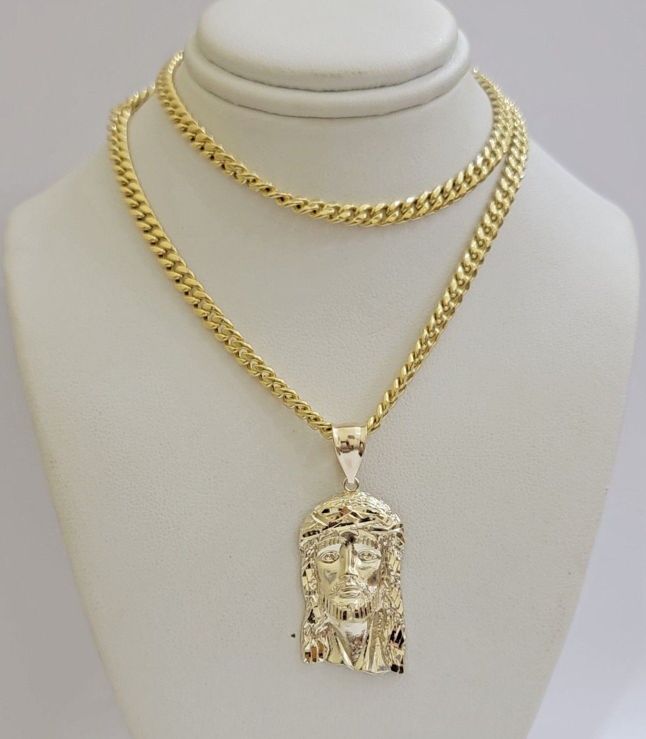 Real 10k Yellow Gold Jesus Head Charm Pendant & Miami Cuban Link Chain Necklace - GoldenlinQ