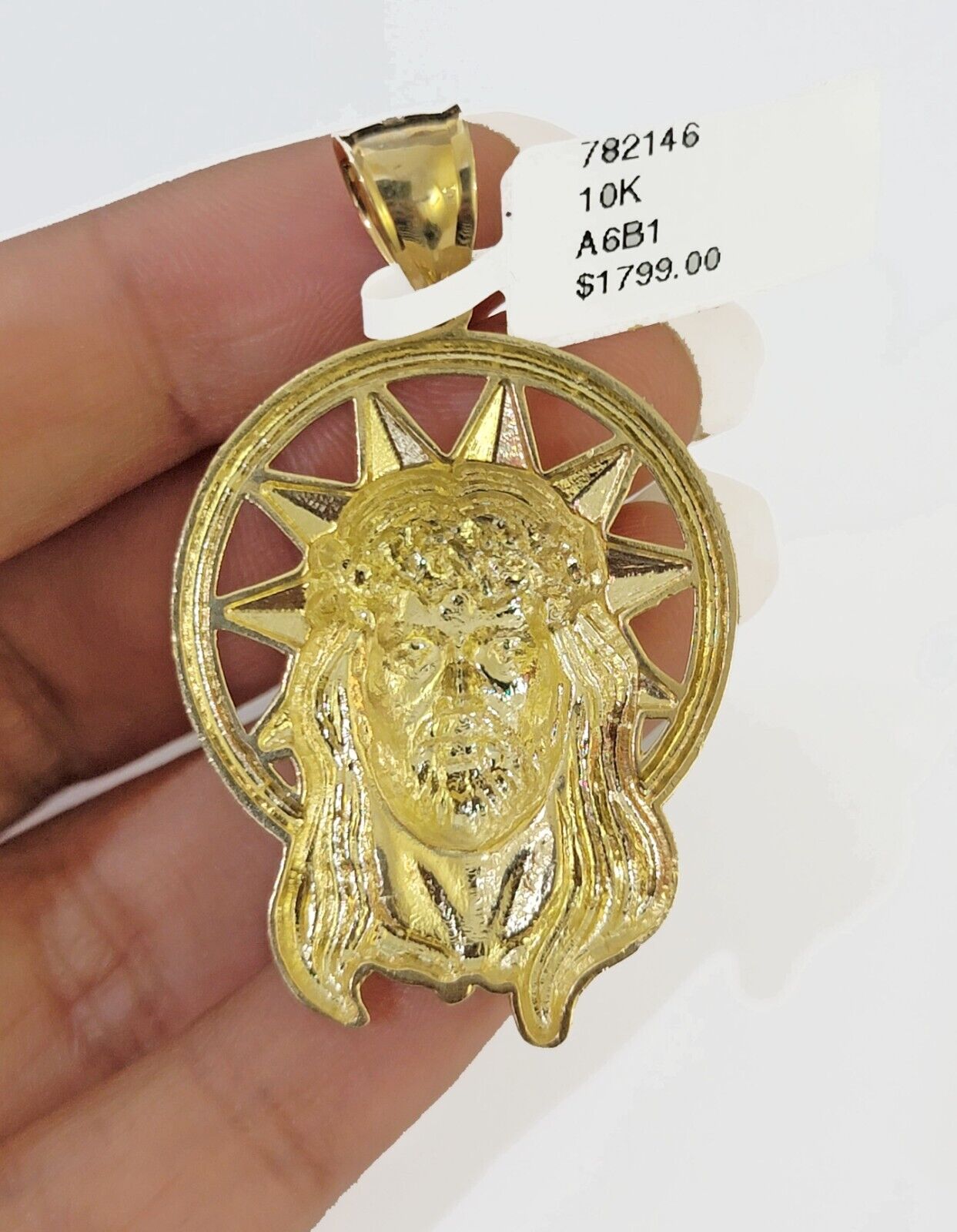 Real 10K Yellow Gold Jesus Head Pendant Charm with Circular Ring - GoldenlinQ