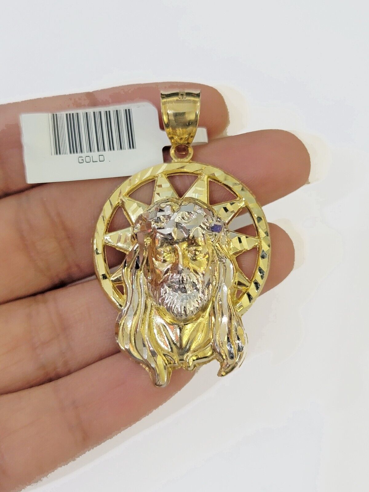 Real 10K Yellow Gold Jesus Head Pendant Charm with Circular Ring - GoldenlinQ