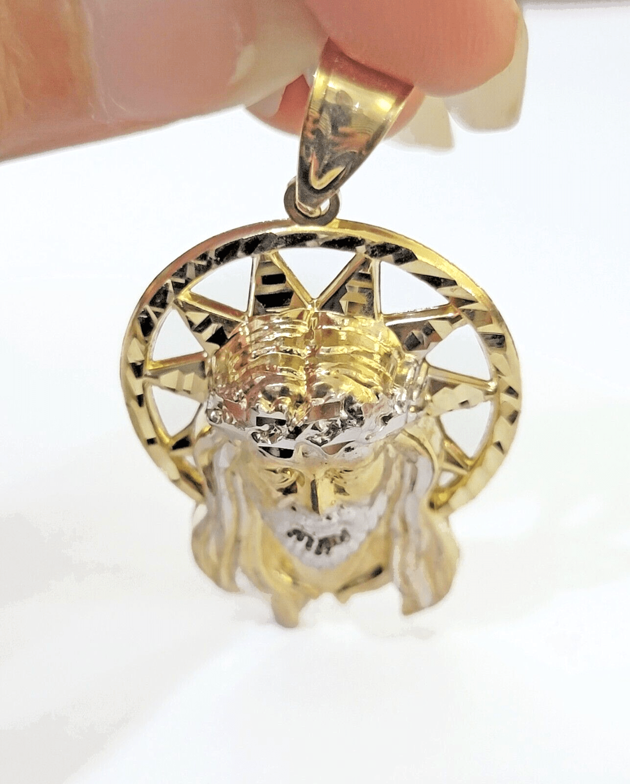 Real 10K Yellow Gold Jesus Head Pendant Charm with Circular Ring - GoldenlinQ