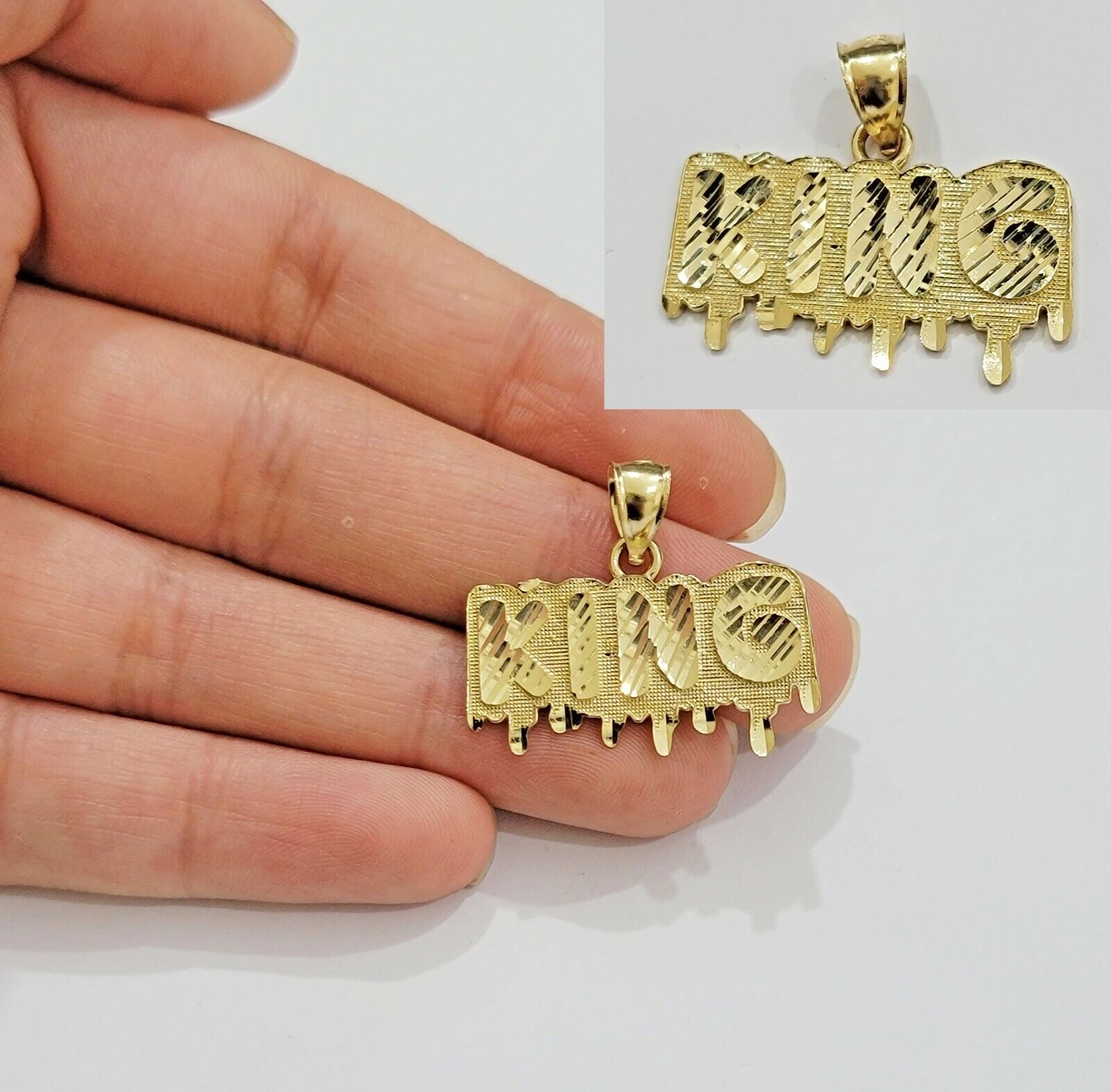 Real 10k Yellow gold King Pendant charm Drip diamond cut for Men 10kt gold - GoldenlinQ