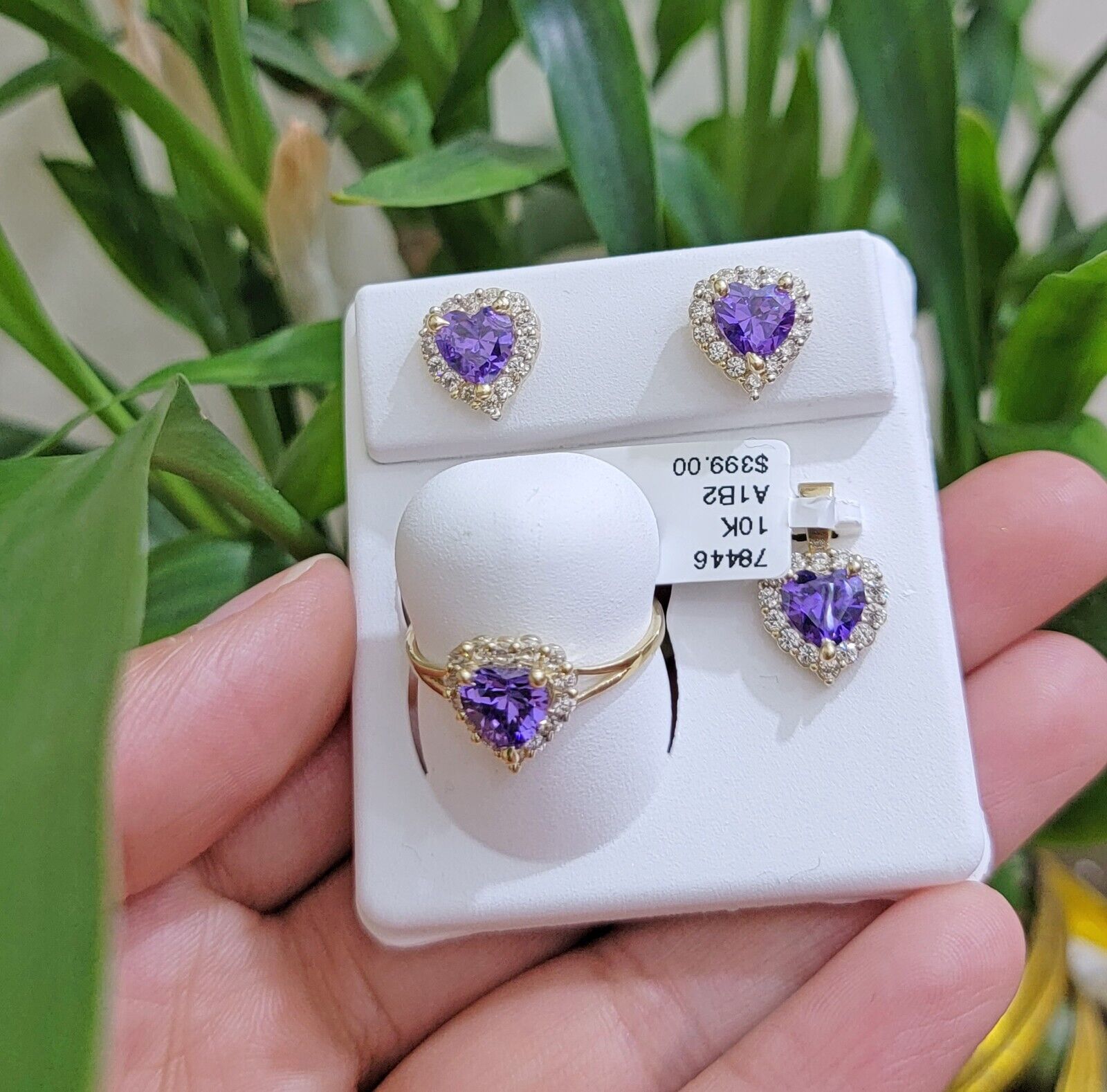 Real 10k Yellow Gold Ladies earring ring and pendant Purple heart Amethyst set - GoldenlinQ