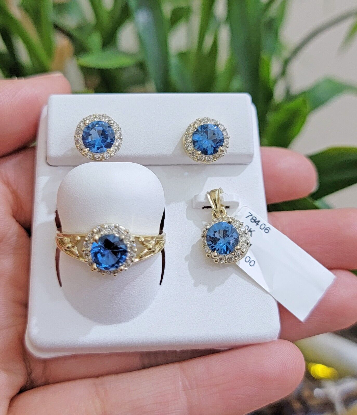 Real 10k Yellow Gold Ladies earring ring & pendant Blue heart Sapphire set ,10KT - GoldenlinQ