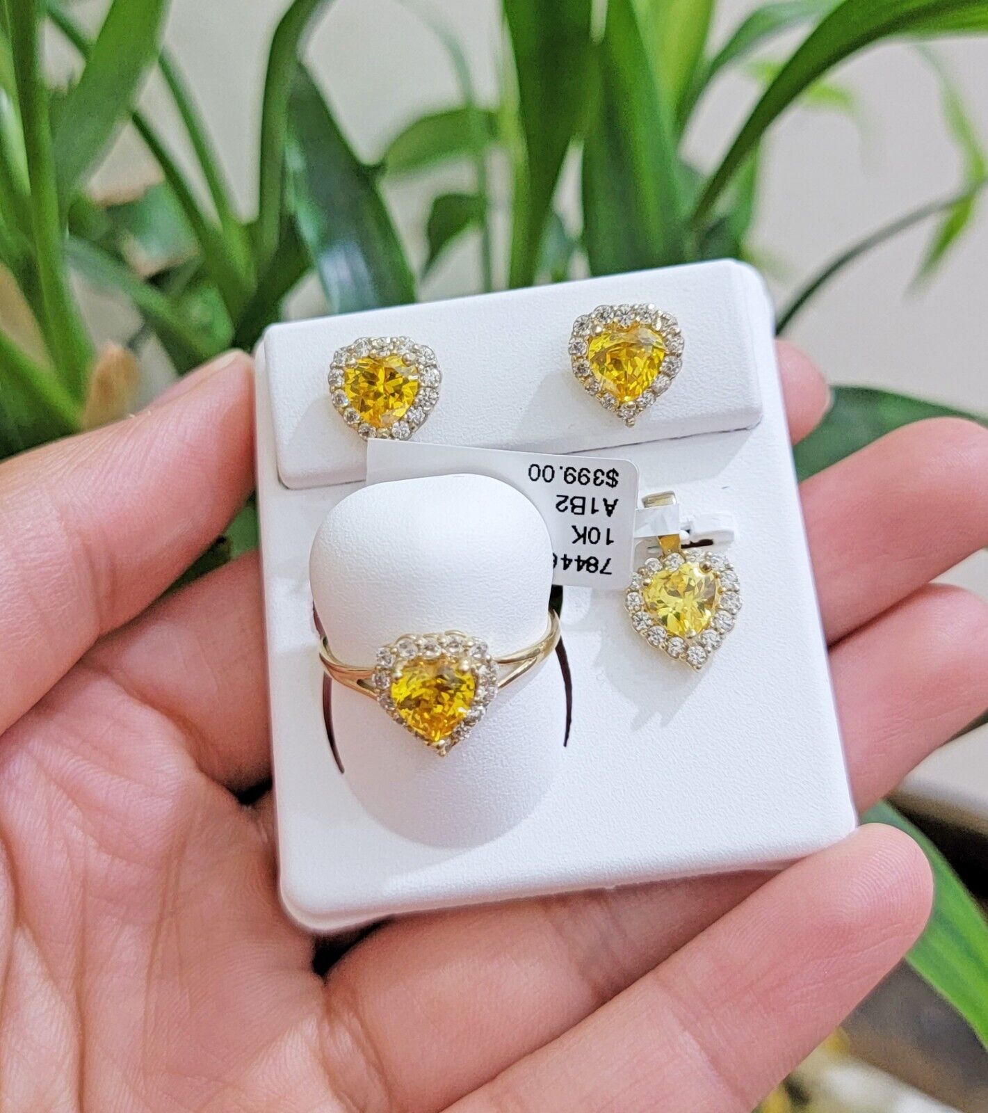 Real 10k Yellow Gold Ladies earring ring & pendant Yellow heart Citrine set 10KT - GoldenlinQ