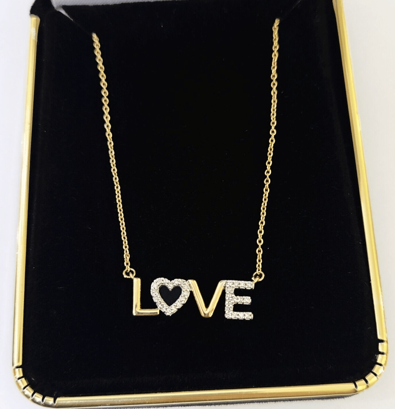 Real 10k Yellow Gold LOVE Diamond Pendant Chain Necklace Set Women - GoldenlinQ